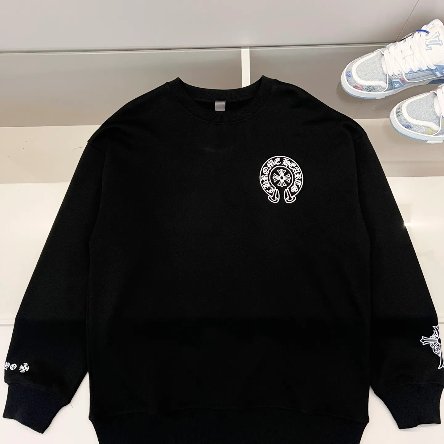 🅿️250 chrome hearts/Chrome Hearts 420g pure cotton round neck sweatshirt Front and back logo cross Sanskrit letter LOGO foam printing process Official synchronization 1:1 original mold opening Fashion personality Versatile trend Pure original quality Original washed fabric Hang tag Collar label Washed wheat Complete three labels Color: Black. White. Size: XS-L
